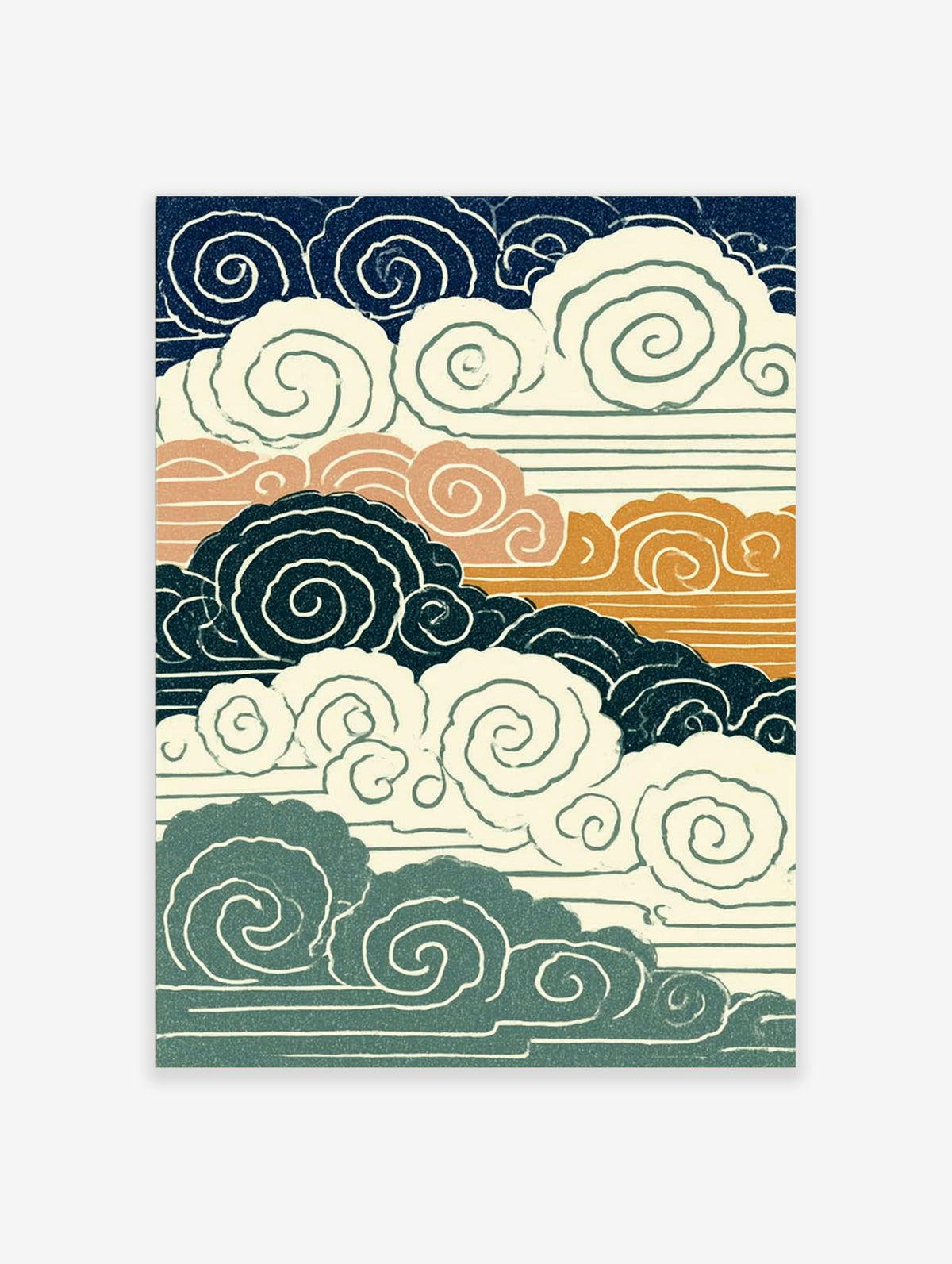 Japanese cloud poster with navy, cream, peach and gold swirling line art