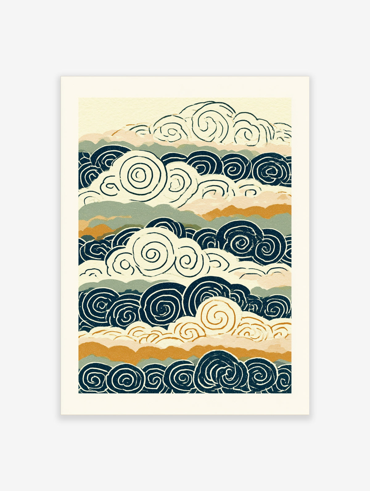 Navy blue spiral cloud pattern with cream and ochre bands, Japanese style poster