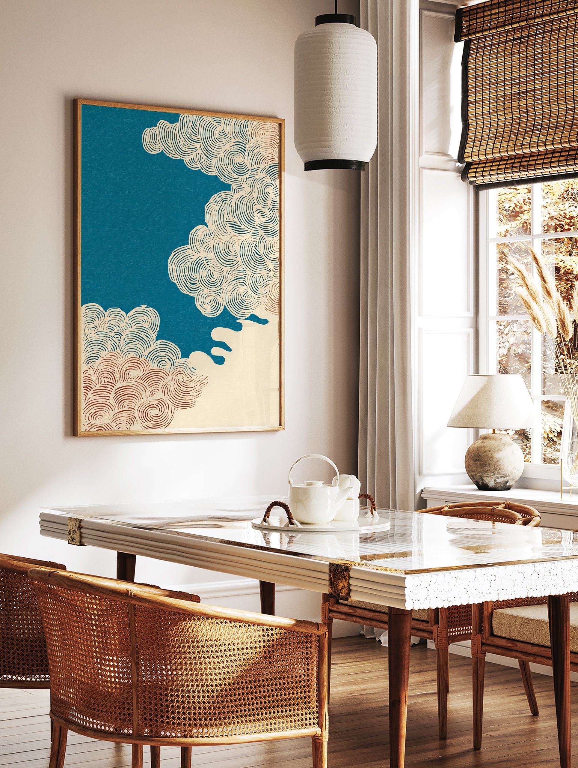 Japanese abstract cloud wall art print with swirling lines in teal, red, and cream on a textured background. - Image 2