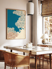 Japanese abstract cloud wall art print with swirling lines in teal, red, and cream on a textured background. - Image 2