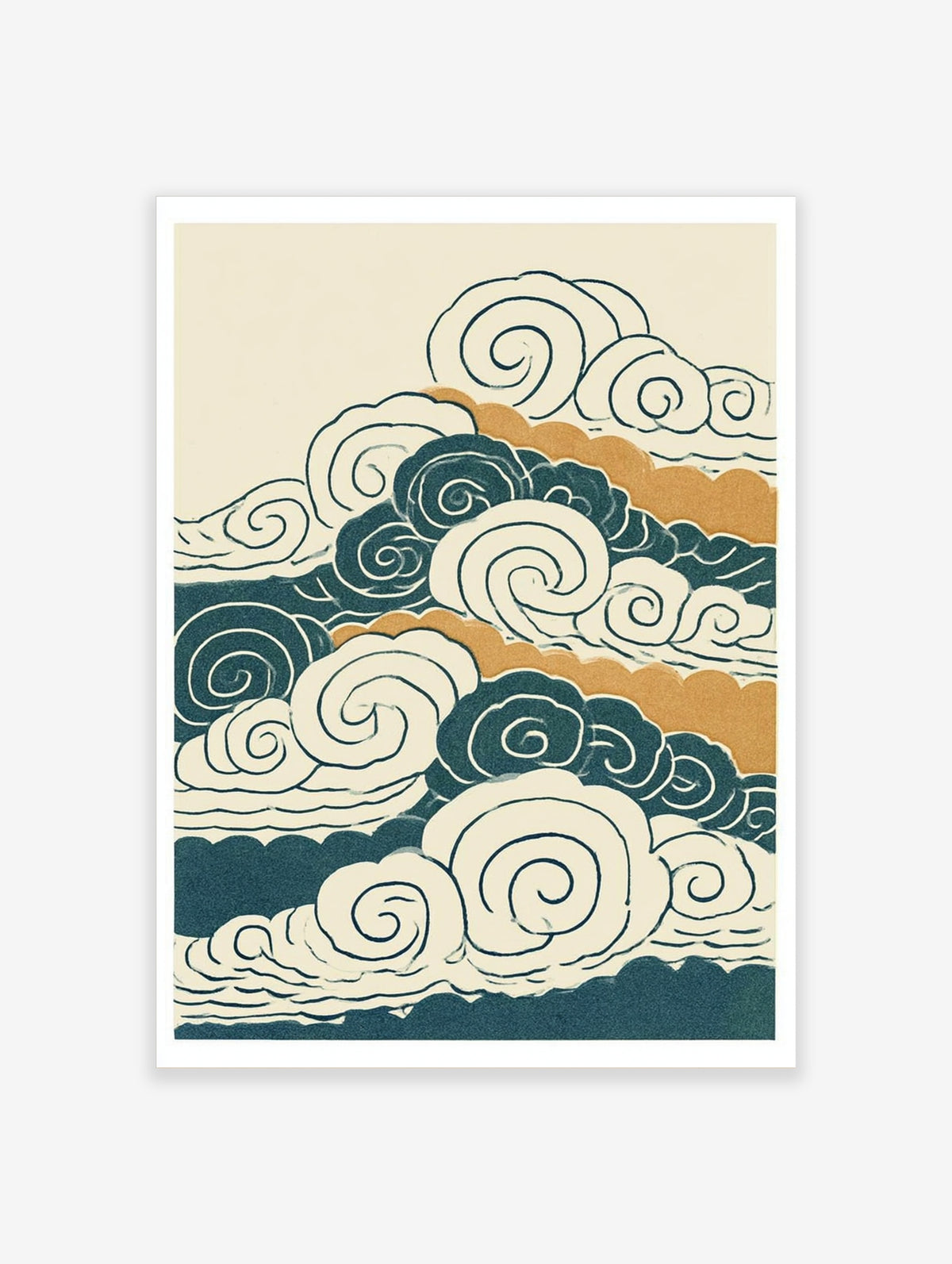 Japanese cloud wall art print with teal and gold swirling wave pattern on cream background