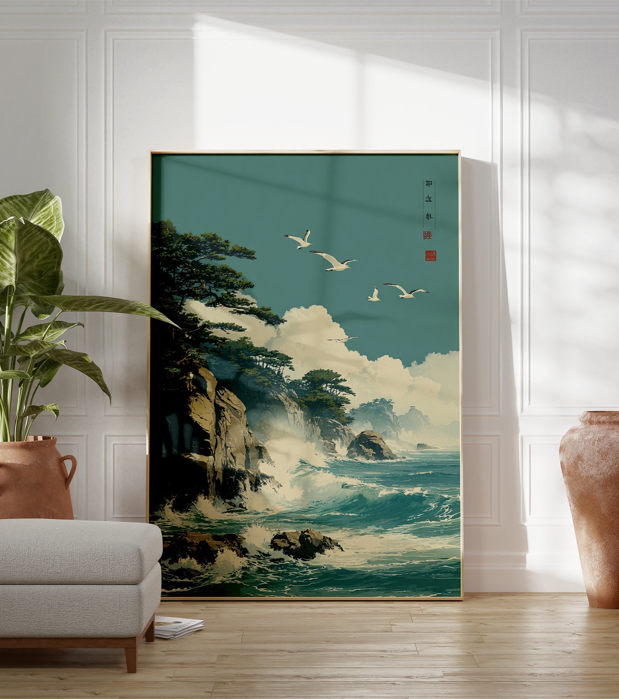 Japanese coastal poster showing seagulls flying over ocean waves crashing against rocky cliffs with pine trees. - Image 3