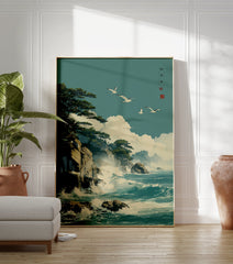 Japanese coastal poster showing seagulls flying over ocean waves crashing against rocky cliffs with pine trees. - Image 3
