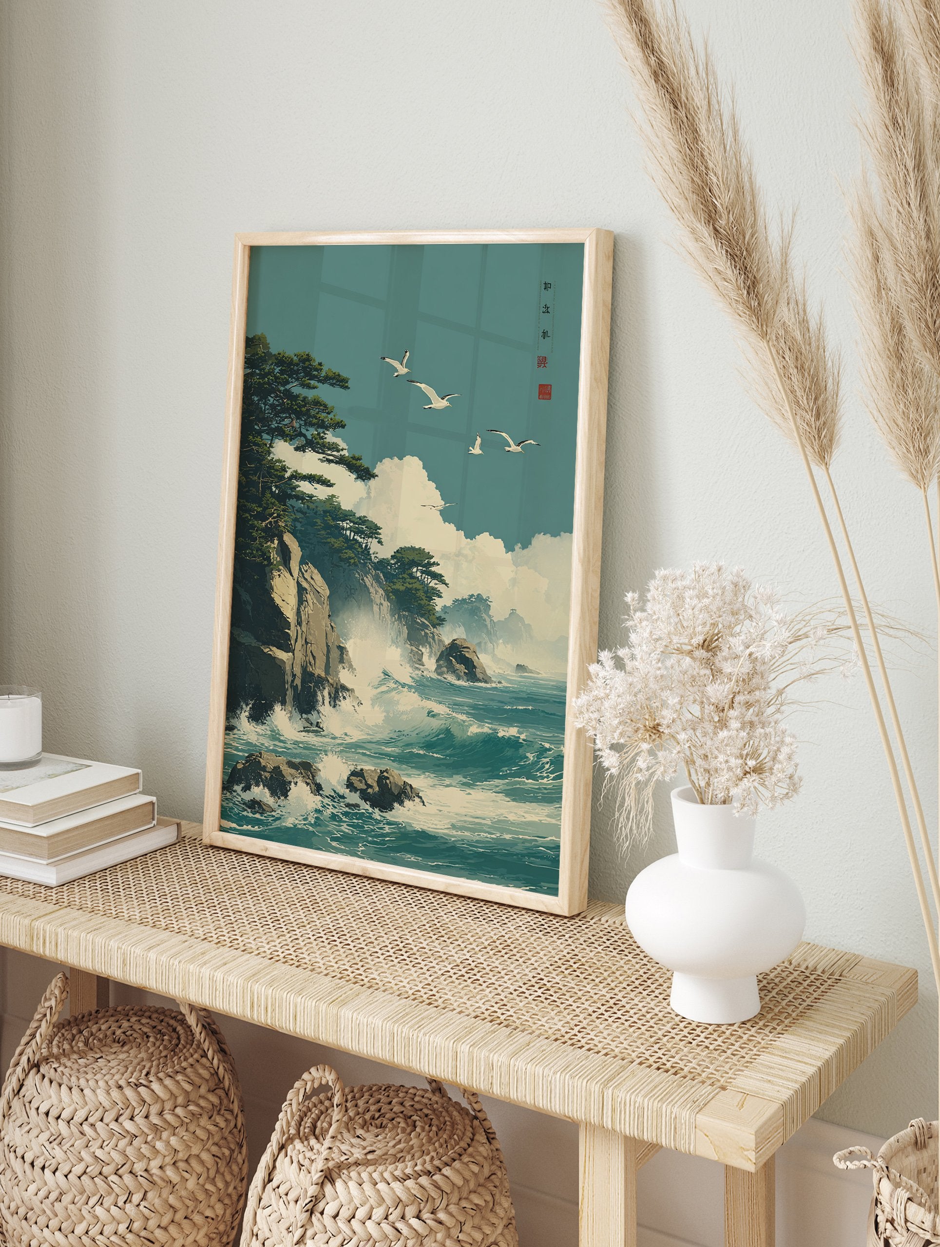 Japanese coastal poster showing seagulls flying over ocean waves crashing against rocky cliffs with pine trees. - Image 4