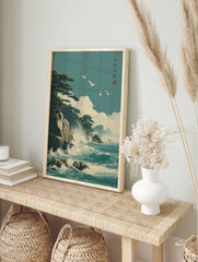 Japanese coastal poster showing seagulls flying over ocean waves crashing against rocky cliffs with pine trees. - Image 4