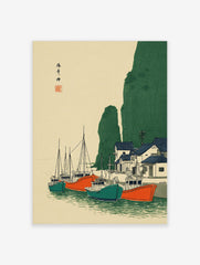 Japanese coastal village wall art with fishing boats, green cliffs, and blue-roofed houses in Ukiyo-e style