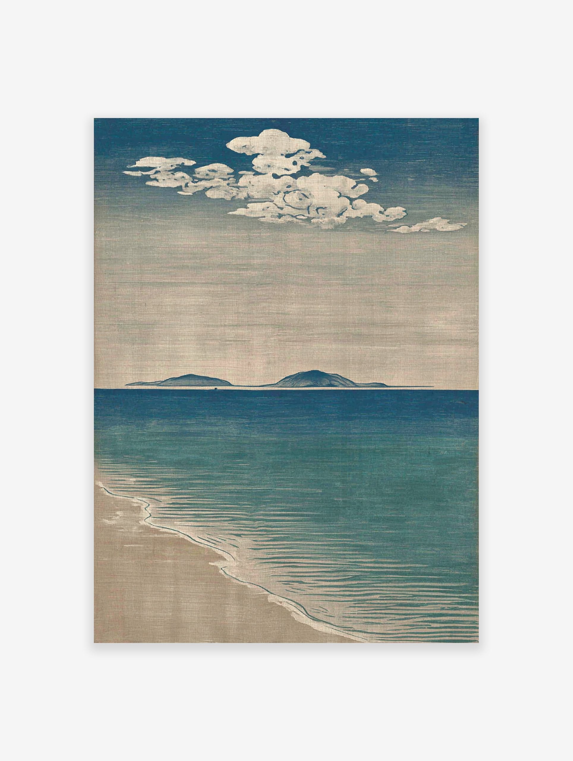 Japanese-style coastal wall art print depicting a blue ocean, sandy beach, distant islands, and white clouds.