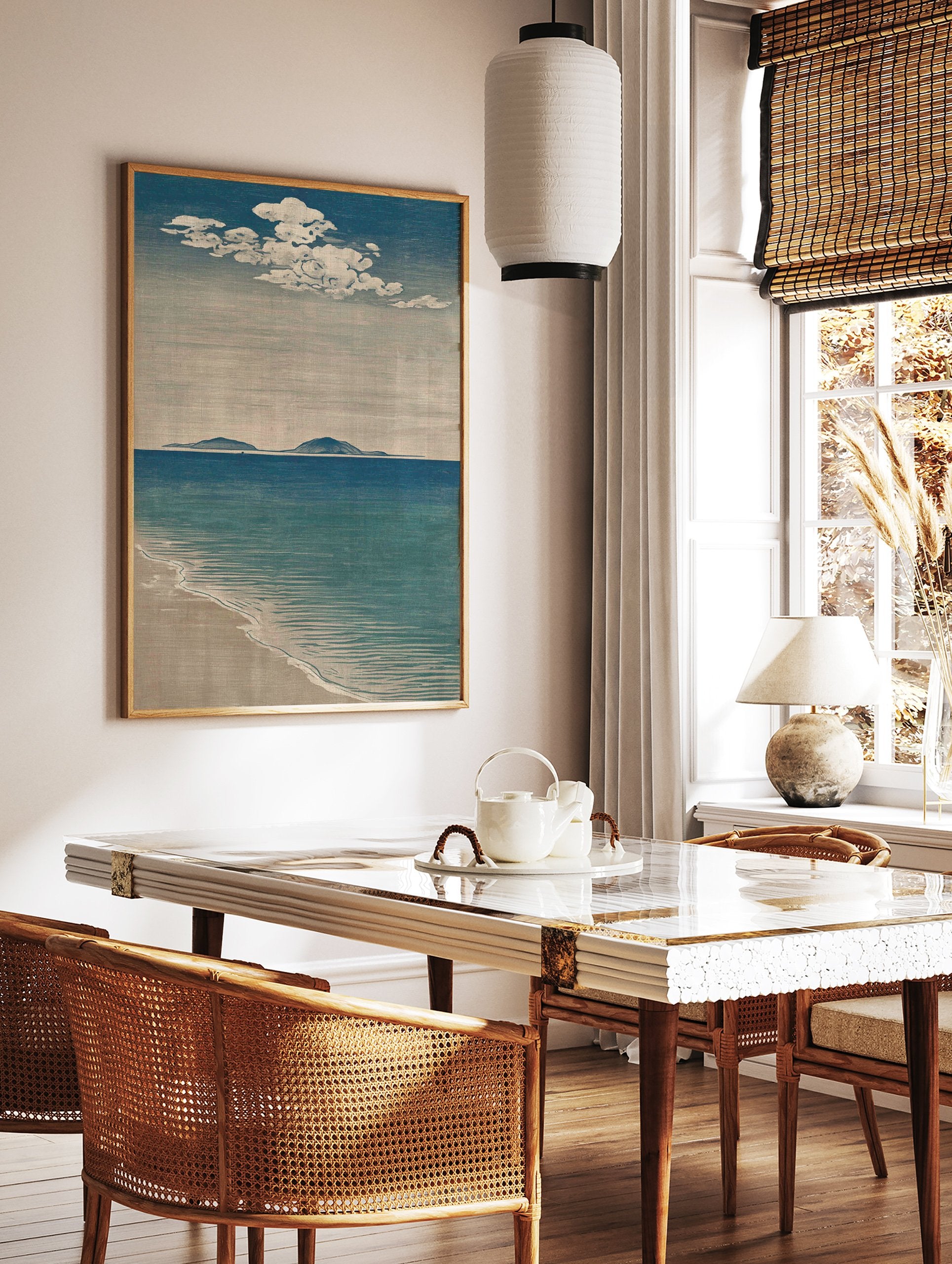 Japanese-style coastal wall art print depicting a blue ocean, sandy beach, distant islands, and white clouds. - Image 2