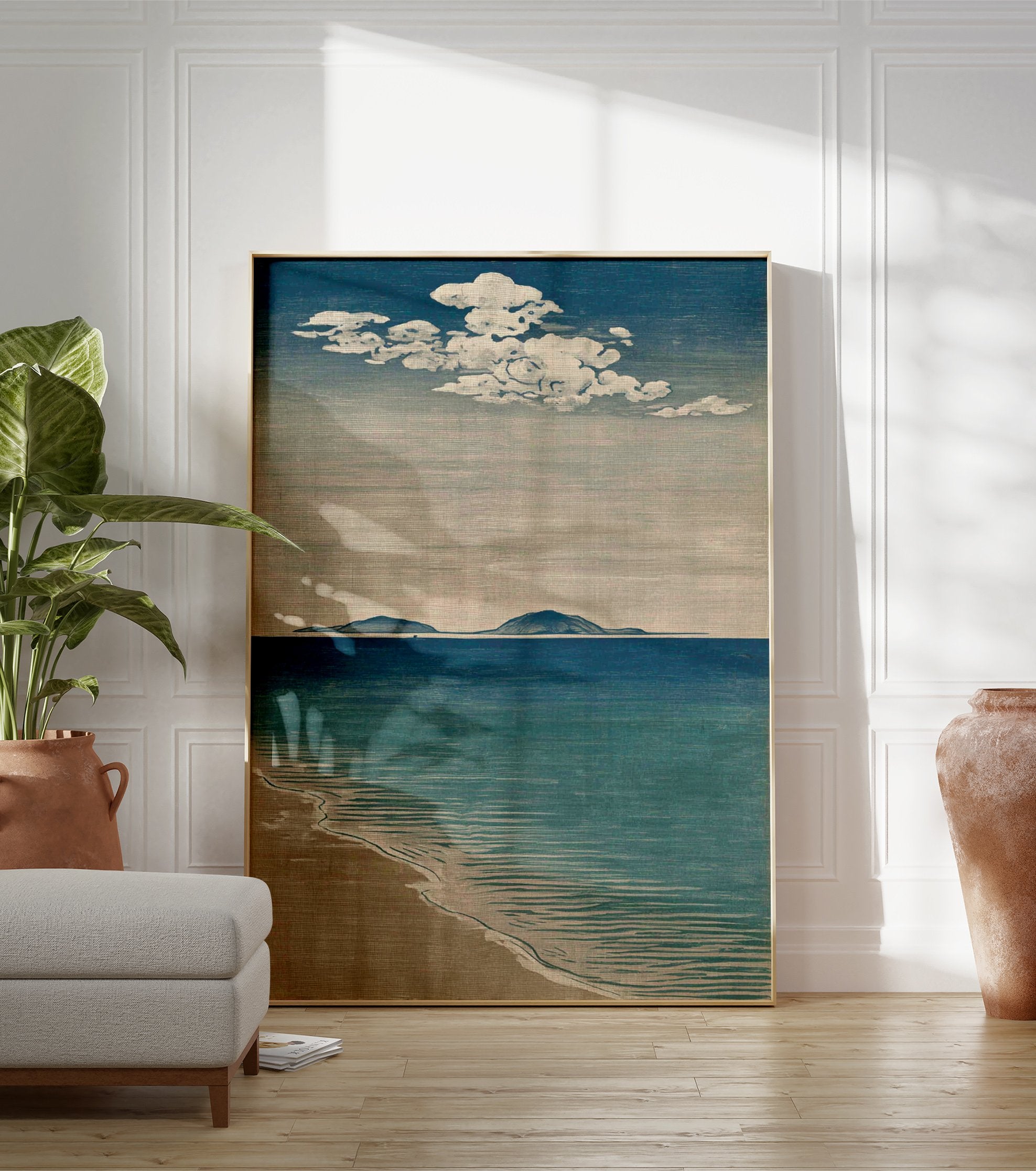 Japanese-style coastal wall art print depicting a blue ocean, sandy beach, distant islands, and white clouds. - Image 3