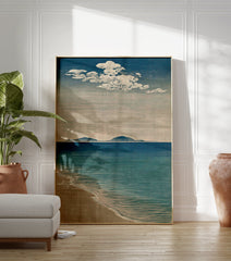 Japanese-style coastal wall art print depicting a blue ocean, sandy beach, distant islands, and white clouds. - Image 3