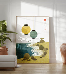 Japanese coastal wall art illustration with yellow and blue lanterns, a sandy beach, sea, rocks, and a stone lantern. - Image 3