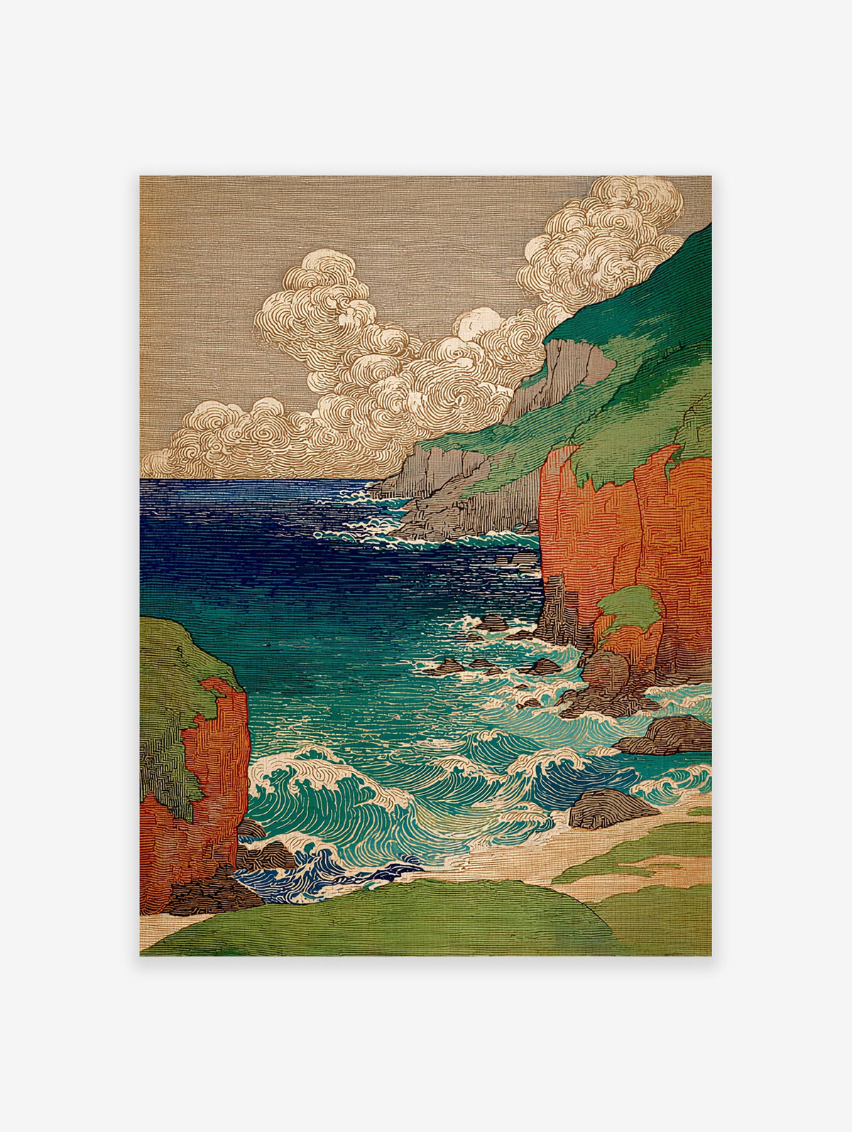 Japanese Ukiyo-e style coastal wall art print featuring green and red cliffs, deep blue ocean waves, and stylized clouds.