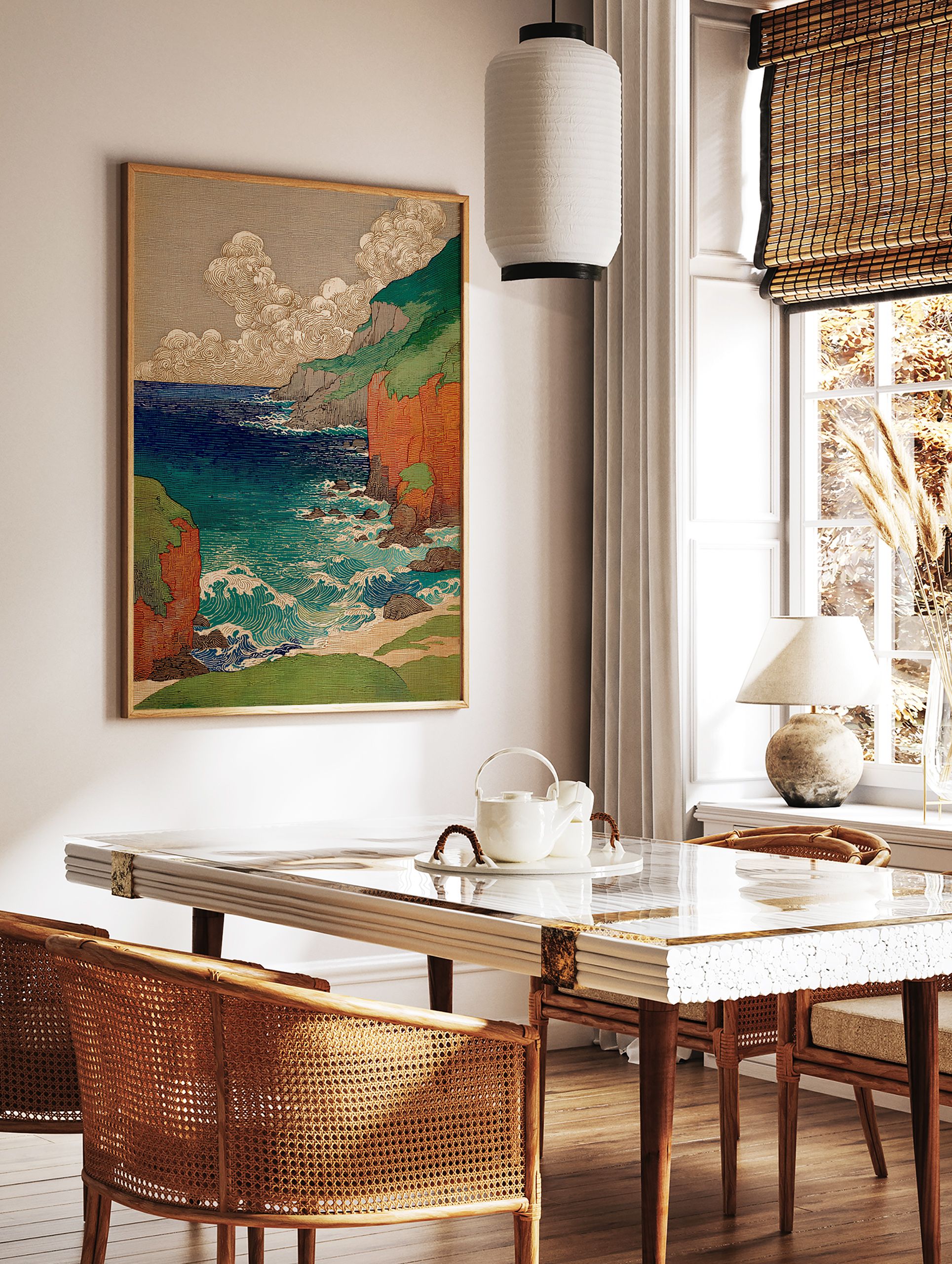 Japanese Ukiyo-e style coastal wall art print featuring green and red cliffs, deep blue ocean waves, and stylized clouds. - Image 2
