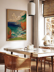 Japanese Ukiyo-e style coastal wall art print featuring green and red cliffs, deep blue ocean waves, and stylized clouds. - Image 2