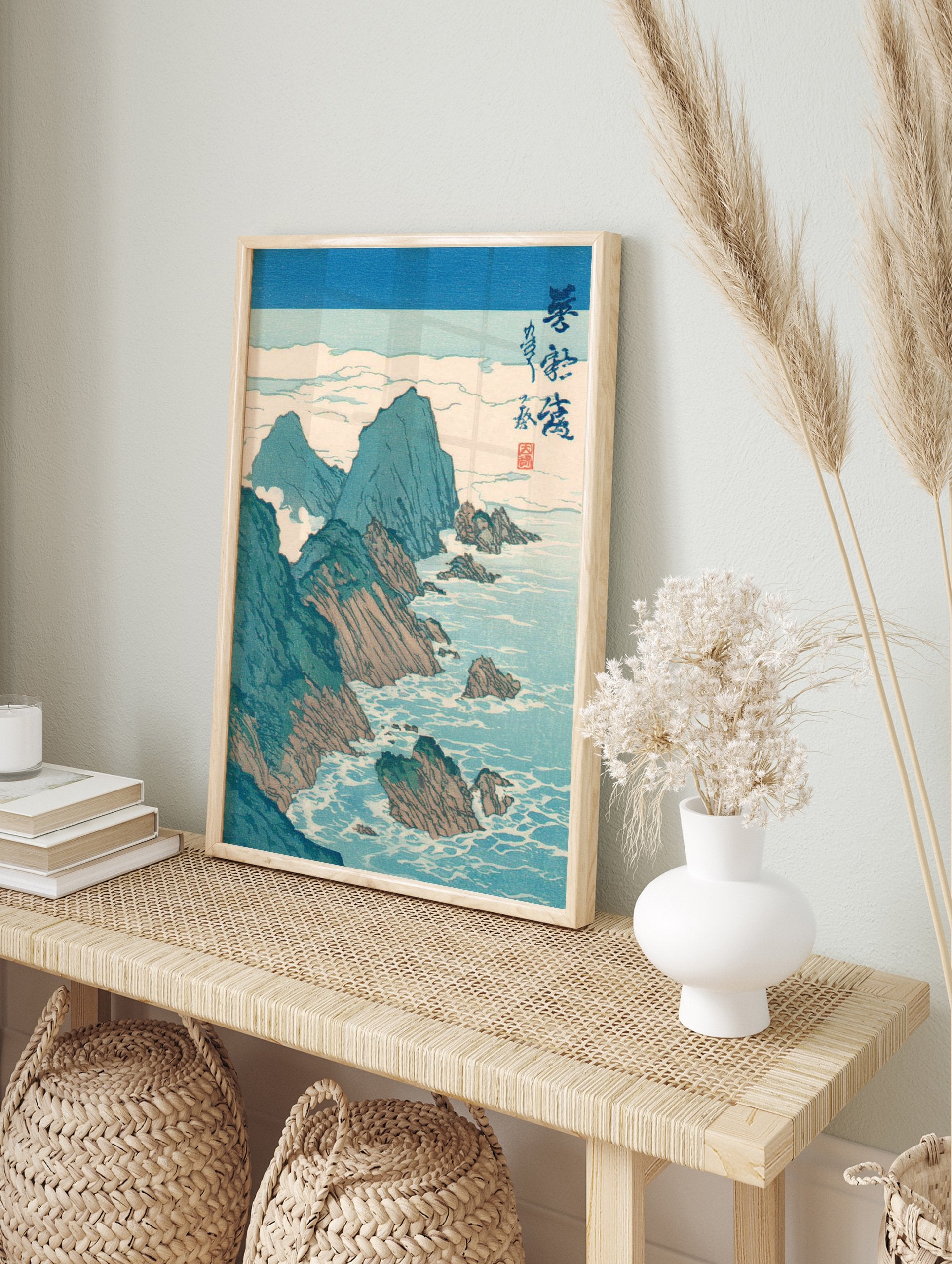 Japanese Coastal Wall Art woodblock print showing rugged cliffs, mountains, and ocean waves with traditional calligraphy. - Image 3
