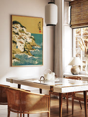 Japanese Coastal Wall Art print featuring a village of white houses on a green cliff overlooking a teal sea with white stylized waves. - Image 2
