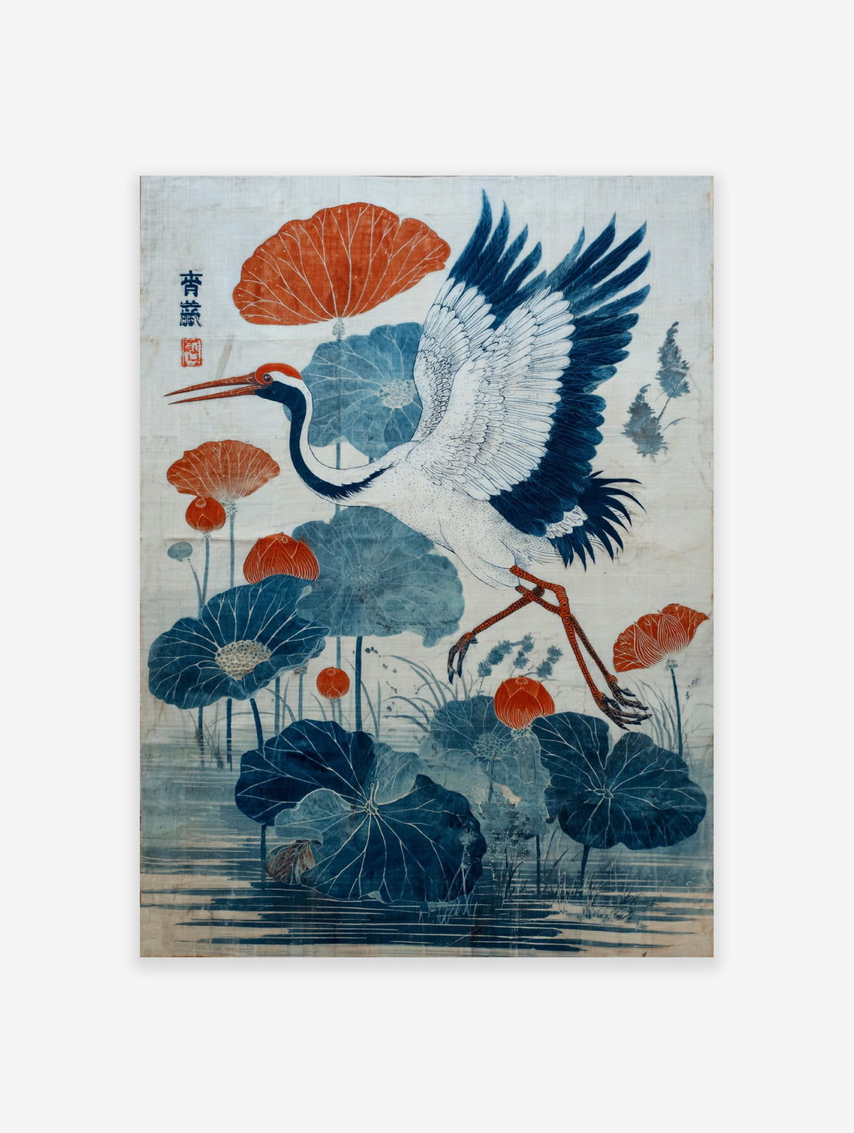 Japanese crane and blue lotus flower poster with orange accents, illustrating a bird in flight over water.
