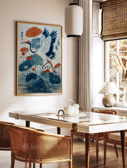 Japanese crane and blue lotus flower poster with orange accents, illustrating a bird in flight over water. - Image 2