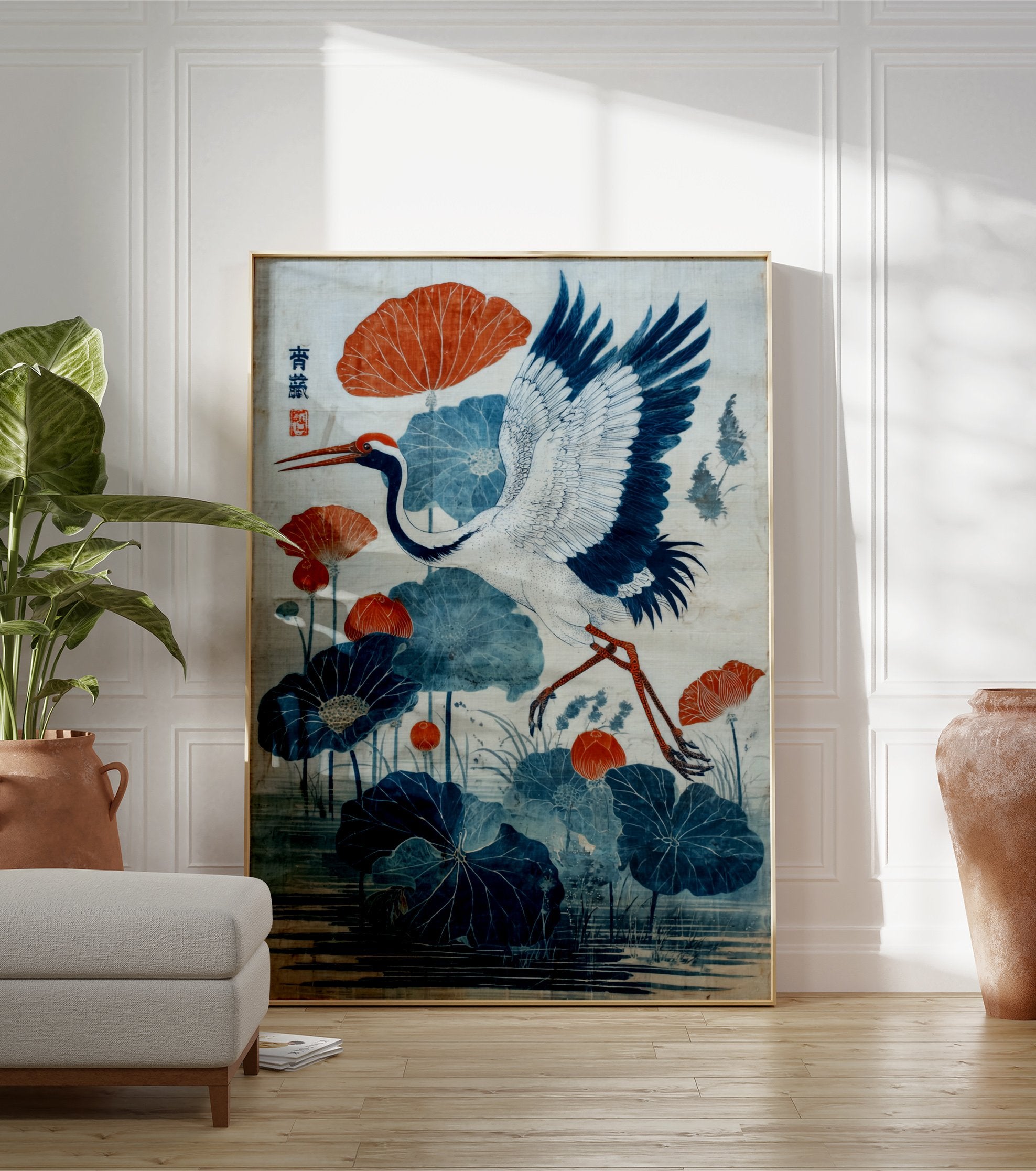 Japanese crane and blue lotus flower poster with orange accents, illustrating a bird in flight over water. - Image 3