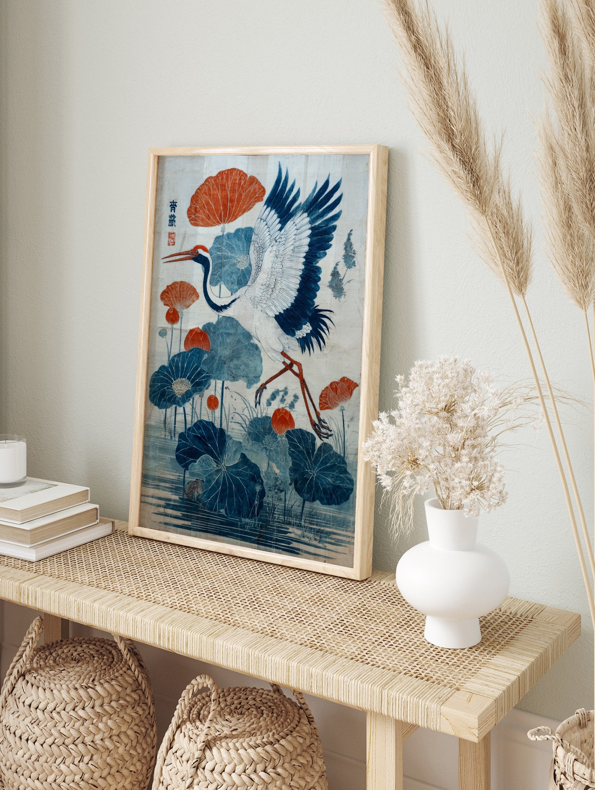 Japanese crane and blue lotus flower poster with orange accents, illustrating a bird in flight over water. - Image 4