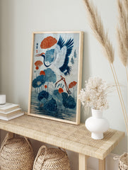 Japanese crane and blue lotus flower poster with orange accents, illustrating a bird in flight over water. - Image 4