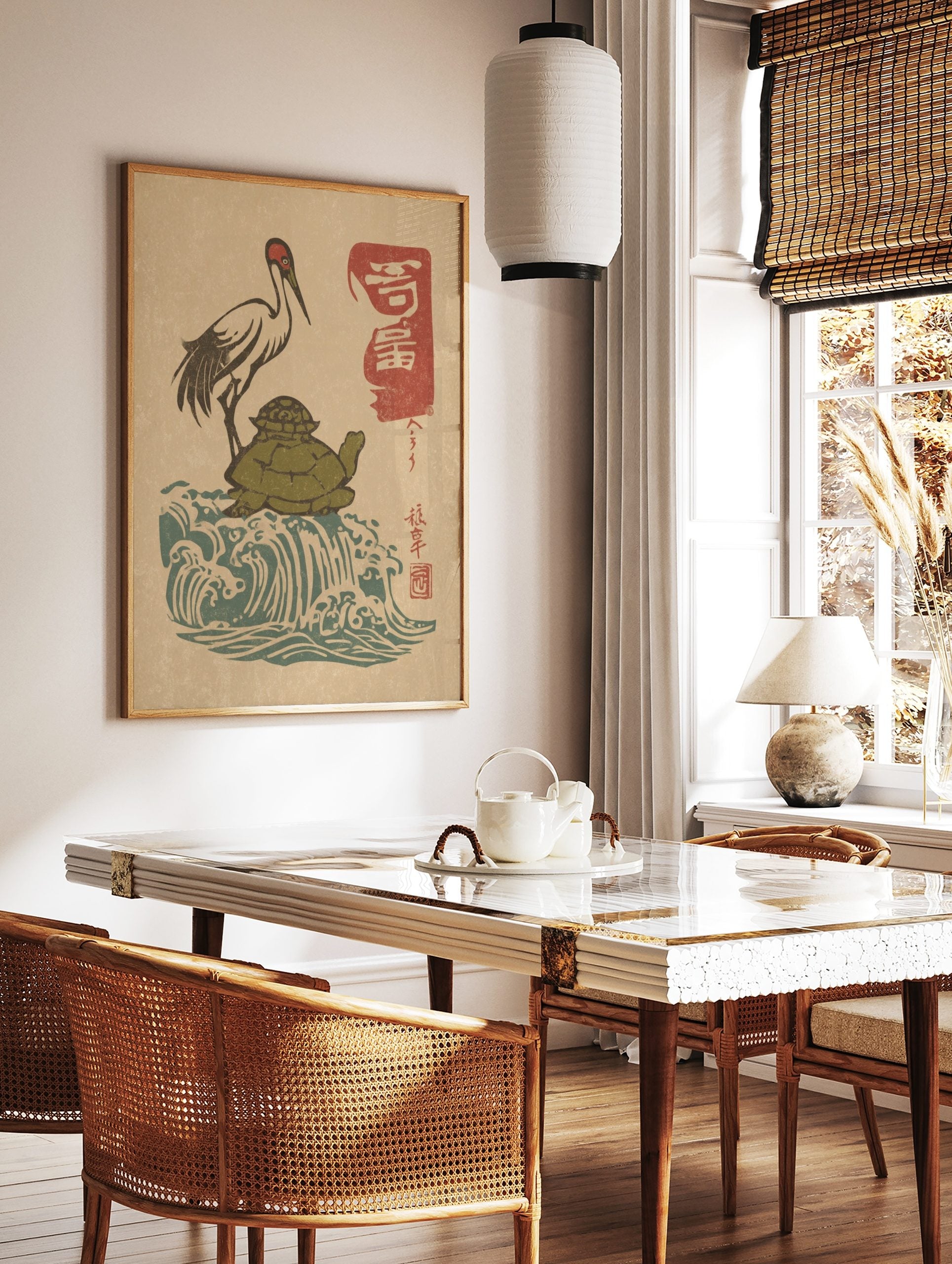 Japanese Ukiyo-e style print of a red-crowned crane on a green turtle, with blue waves and red Kanji, in a styled room mockup