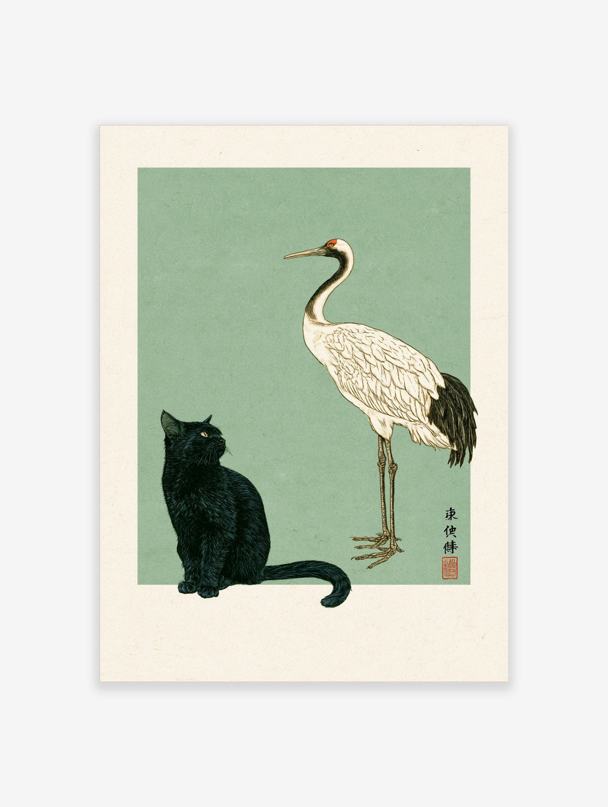 Japanese crane and black cat poster on muted green background with red seal and calligraphy
