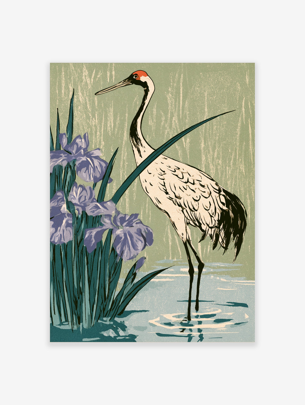 Japanese crane and purple iris art print with red-crowned bird in water on green background