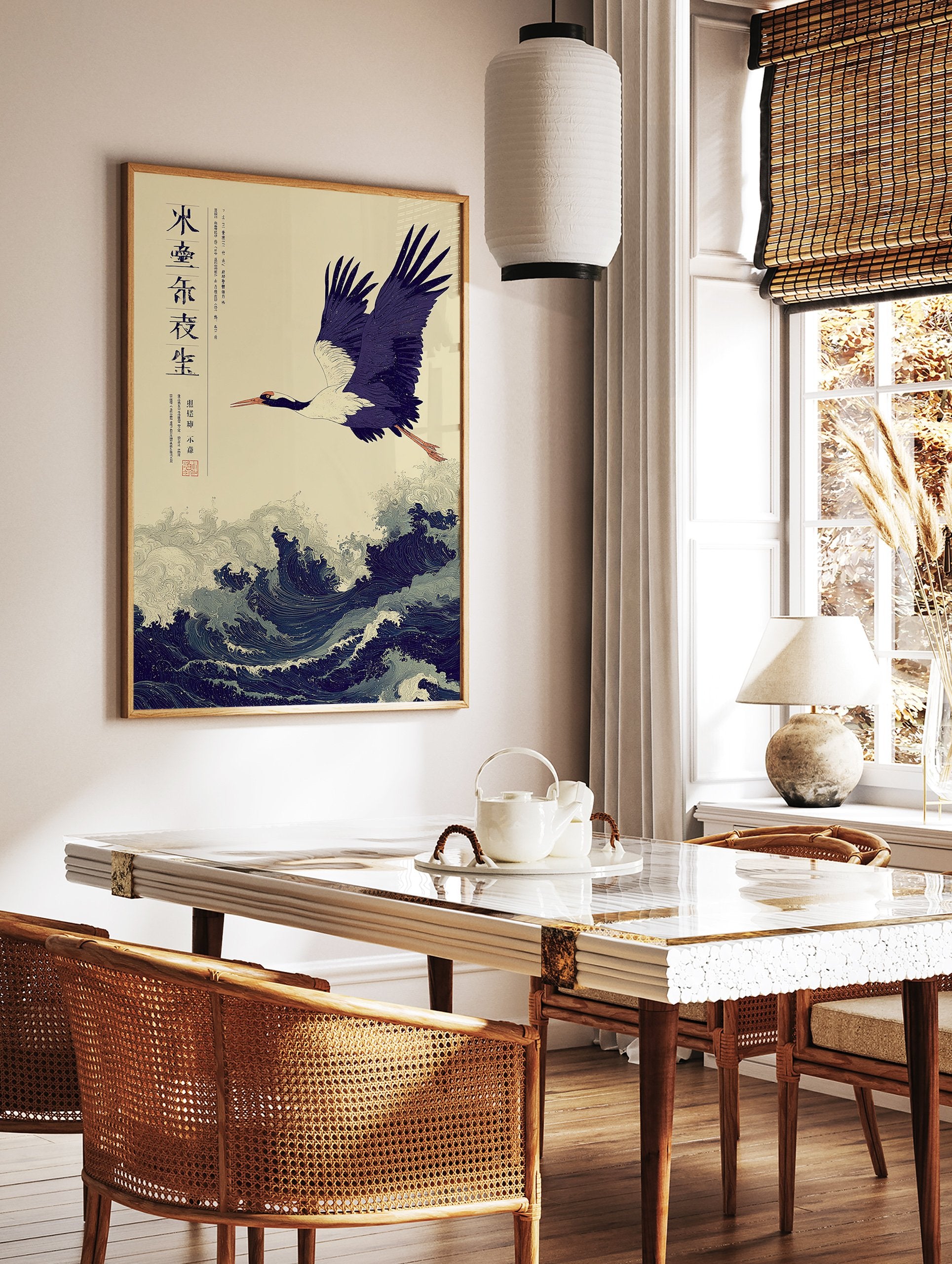 Japanese crane flying over dark blue ocean waves, illustrated in traditional style with vertical text on a beige background. - Image 3