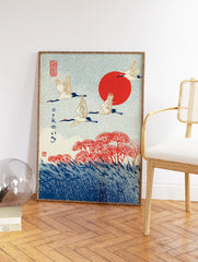 Japanese Crane Art print with three white cranes flying over red flowers and blue reeds against a red sun and dotted sky. - Image 2
