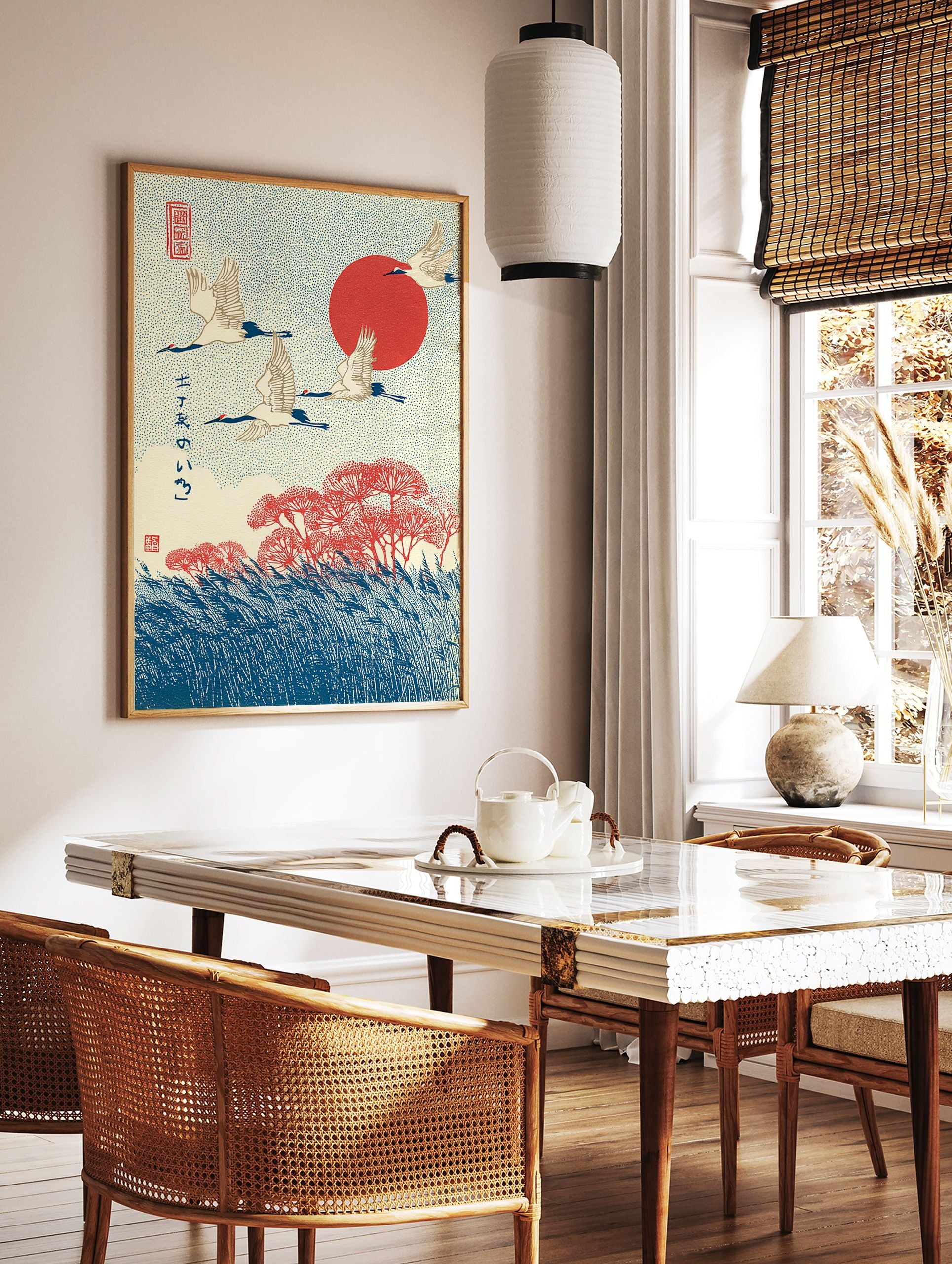 Japanese Crane Art print with three white cranes flying over red flowers and blue reeds against a red sun and dotted sky. - Image 3