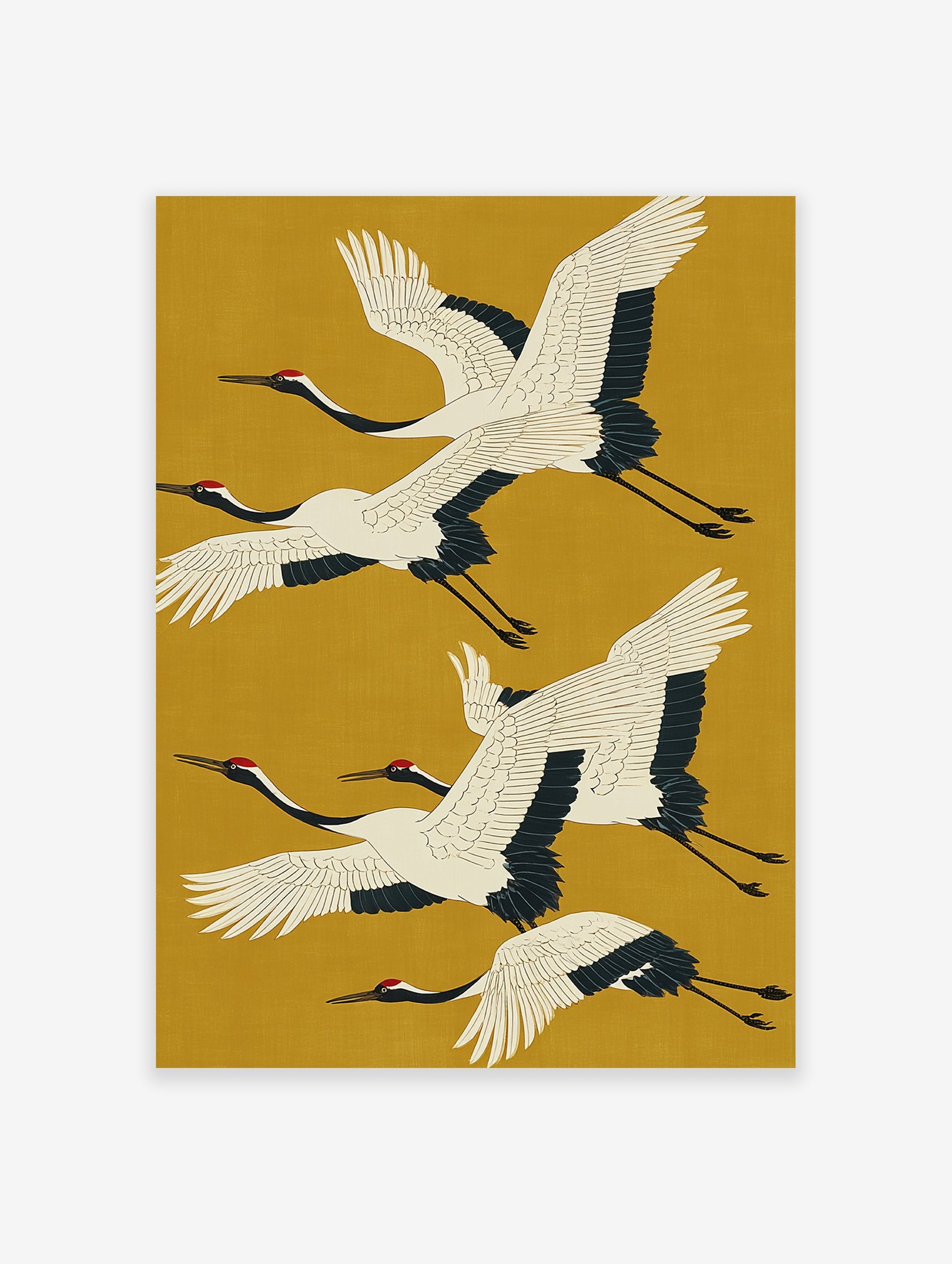 Japanese crane art poster with four elegant white and black flying cranes against a mustard yellow background.