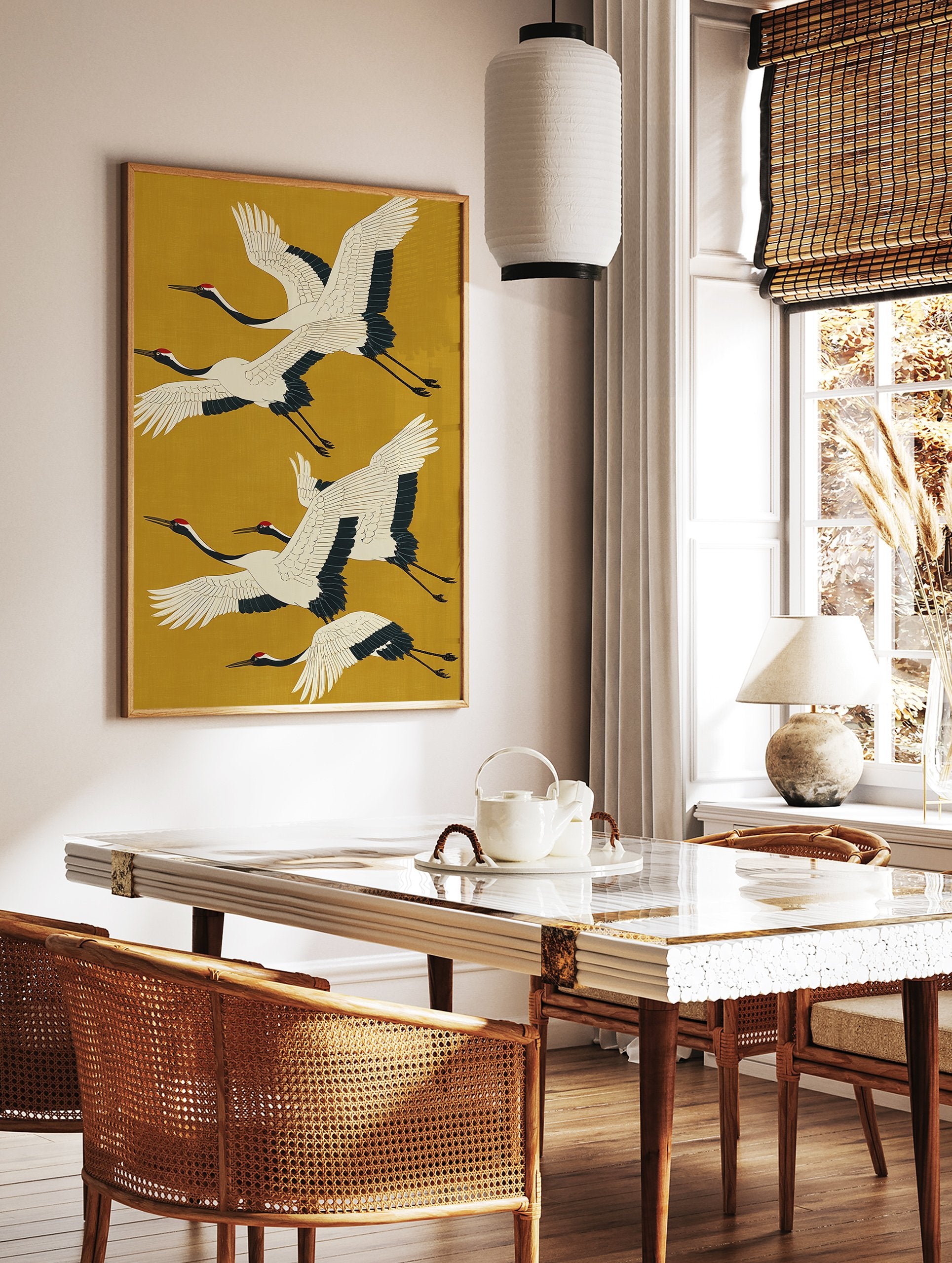 Japanese crane art poster with four elegant white and black flying cranes against a mustard yellow background. - Image 2