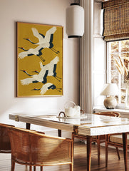 Japanese crane art poster with four elegant white and black flying cranes against a mustard yellow background. - Image 2
