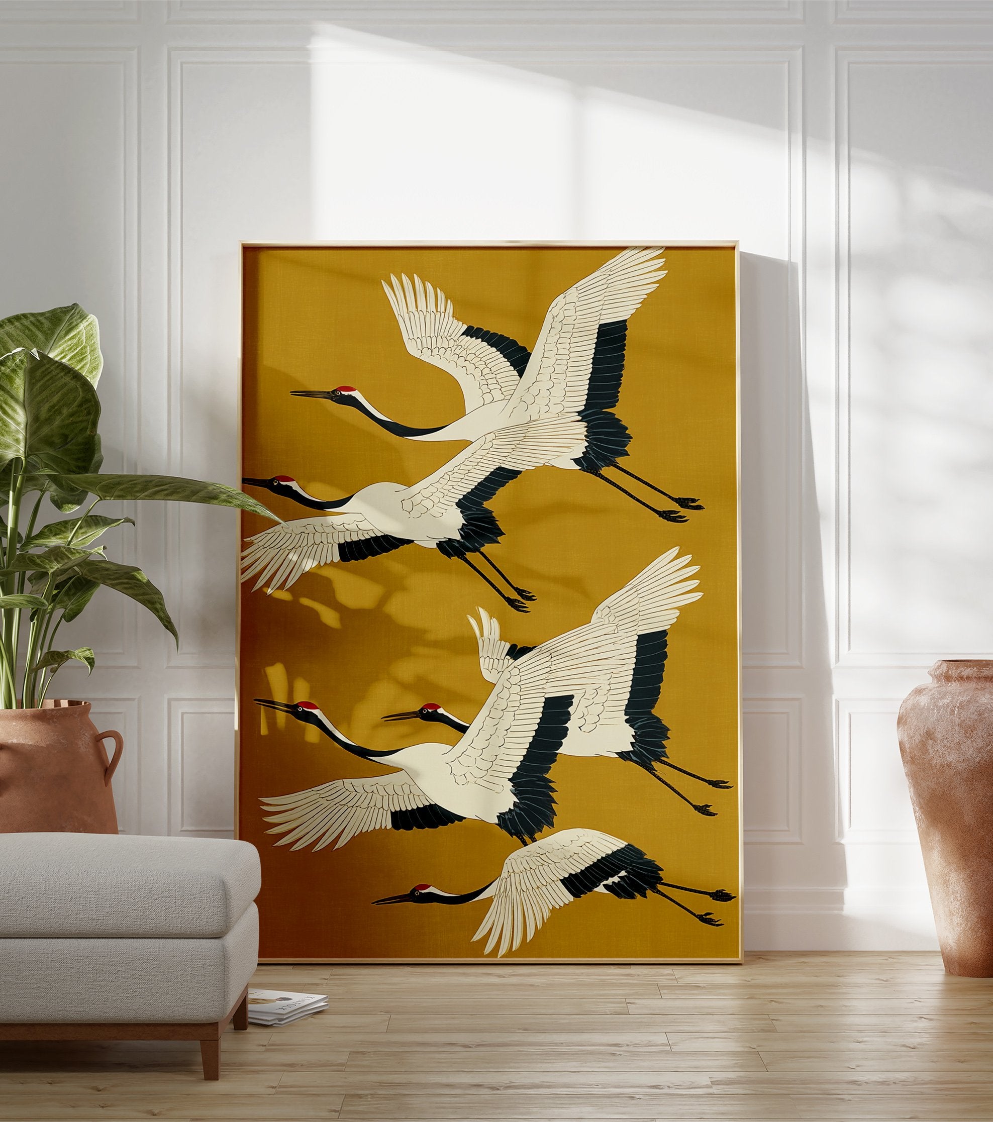 Japanese crane art poster with four elegant white and black flying cranes against a mustard yellow background. - Image 3