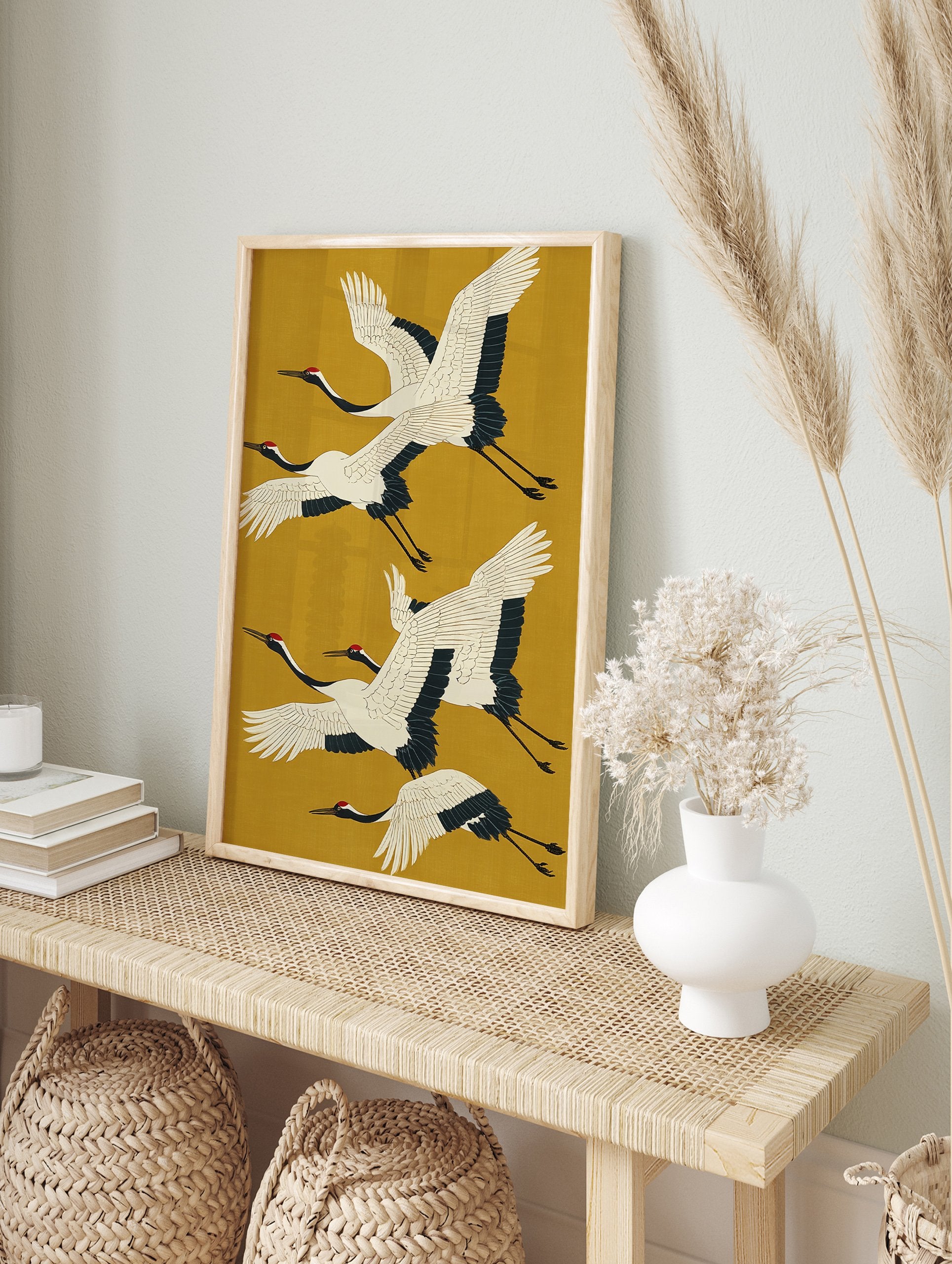 Japanese crane art poster with four elegant white and black flying cranes against a mustard yellow background. - Image 4