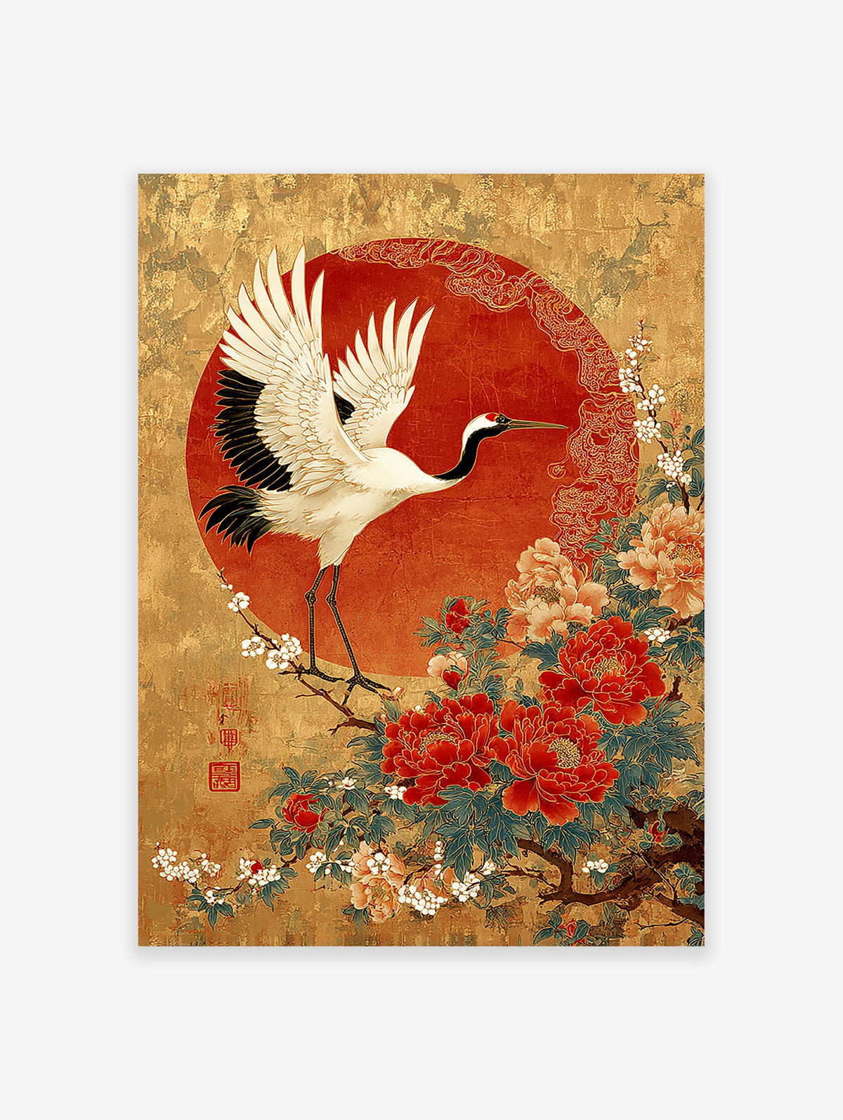 Japanese crane poster with white wings, black neck, red head against a red sun, standing on a branch with red and pink peonies and white flowers on a gold background.