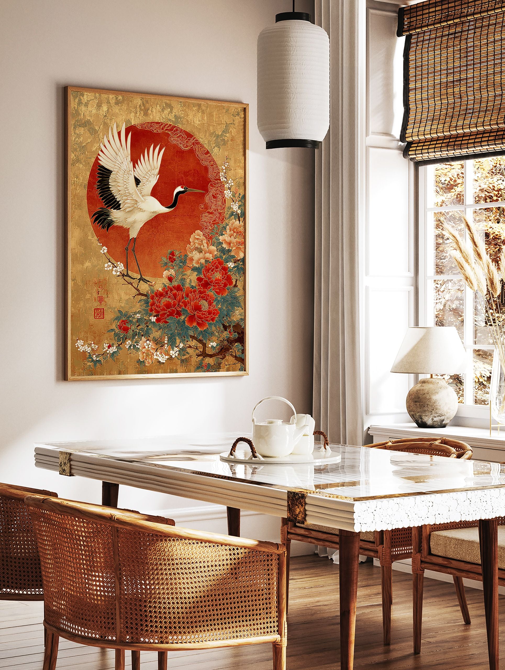 Japanese crane poster with white wings, black neck, red head against a red sun, standing on a branch with red and pink peonies and white flowers on a gold background. - Image 2