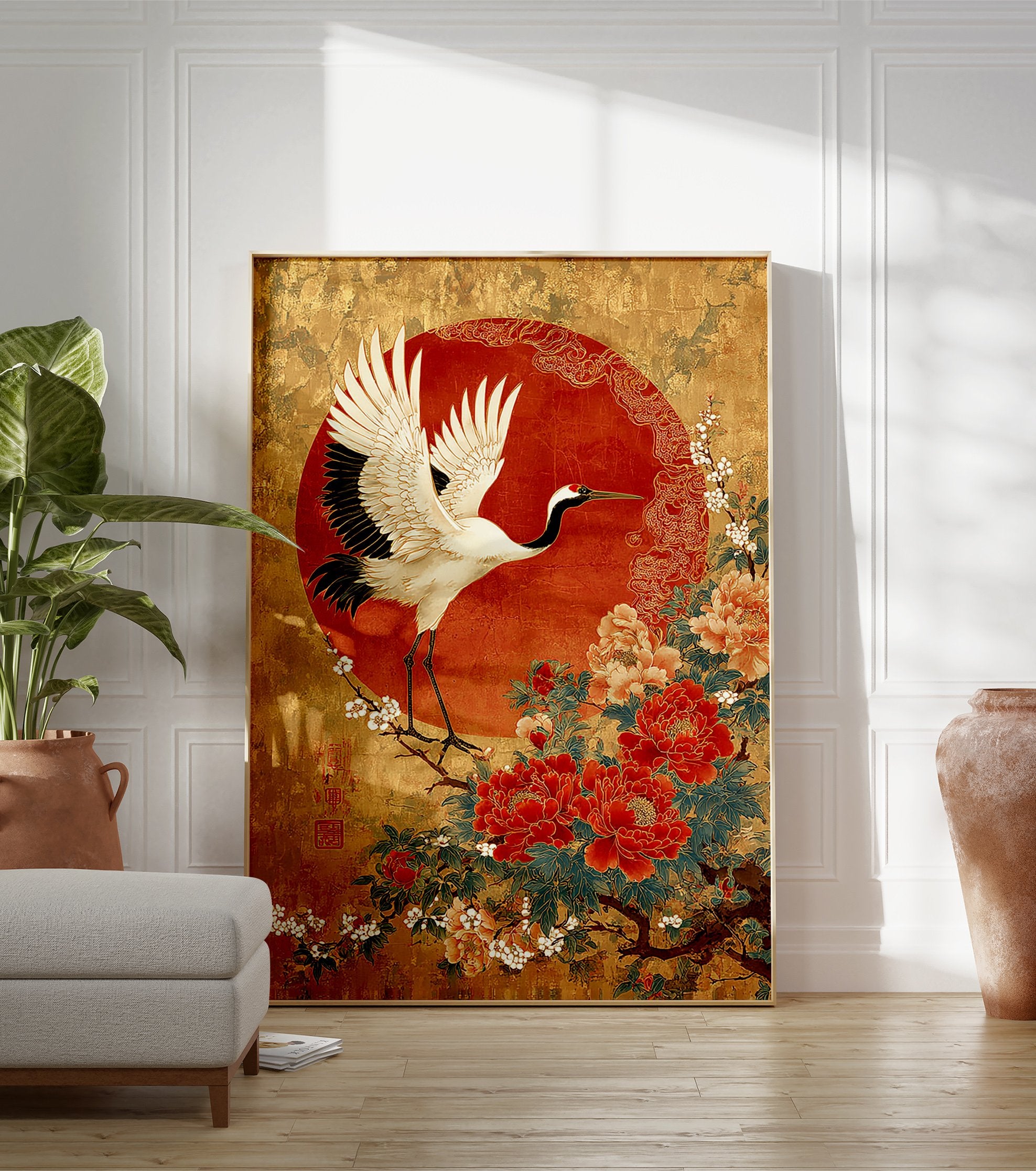 Japanese crane poster with white wings, black neck, red head against a red sun, standing on a branch with red and pink peonies and white flowers on a gold background. - Image 3