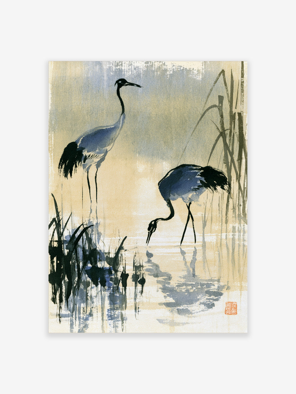 Japanese ink wash crane art print with two cranes wading among reeds in blue and beige