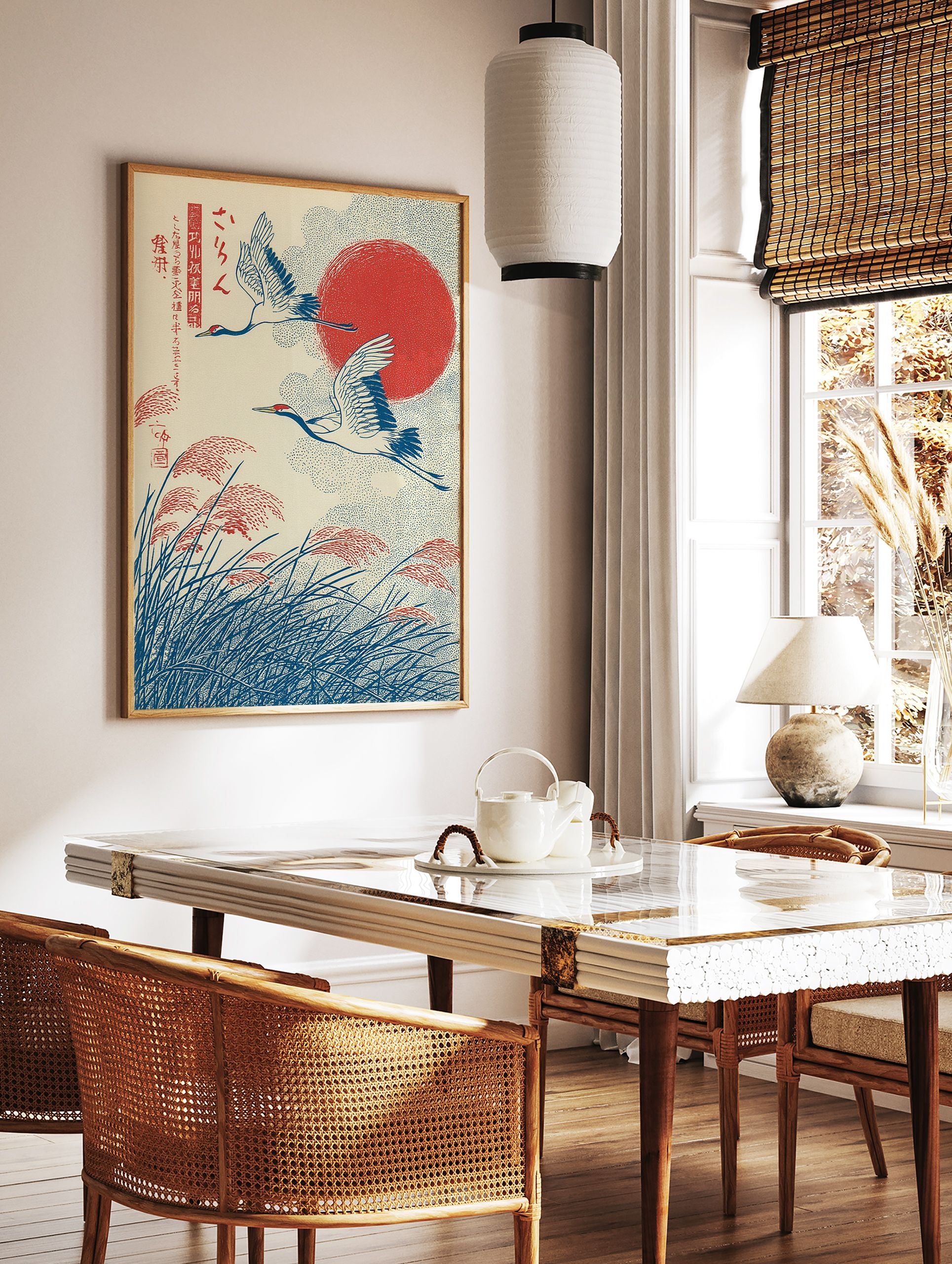 Japanese crane art print with two cranes flying over pampas grass and a red sun in a traditional Ukiyo-e style. - Image 3