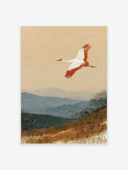 Japanese red-crowned crane flying over misty blue mountains and earthy grass landscape art print