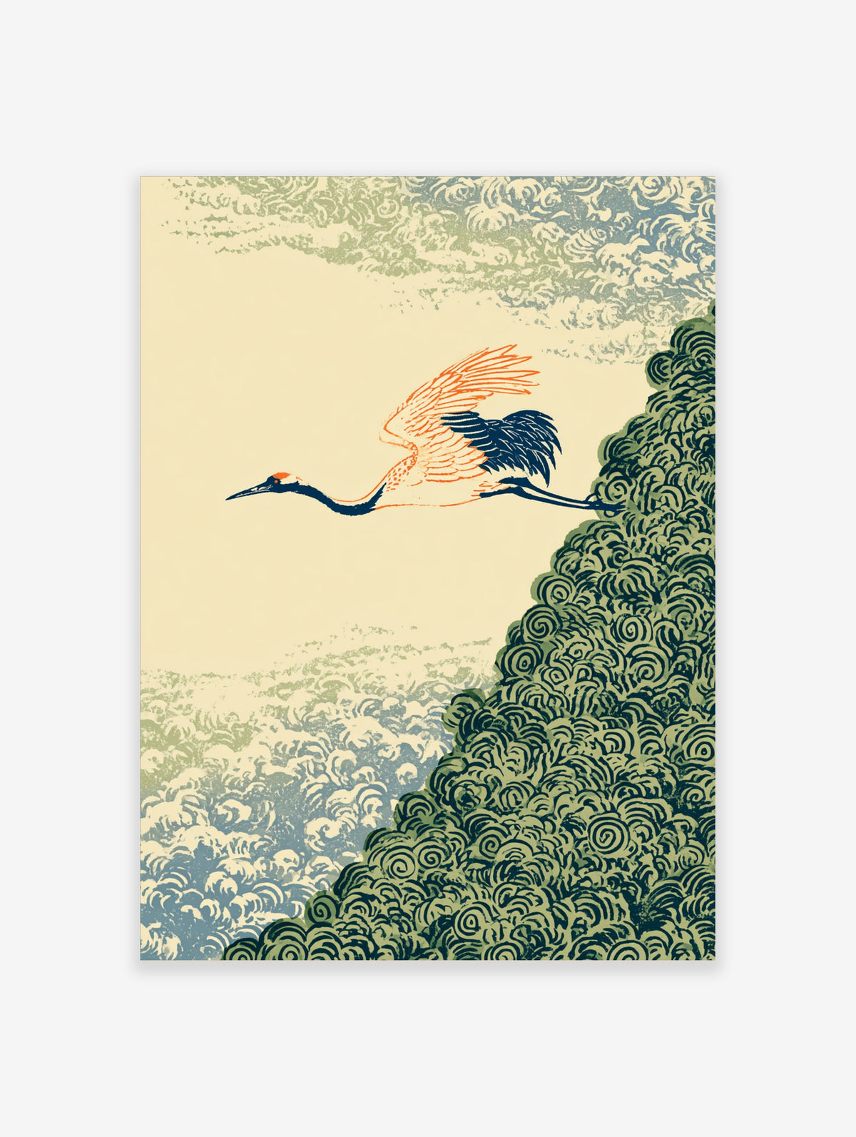 Japanese crane flying print with red crown, cream sky, blue-grey clouds, and green foliage