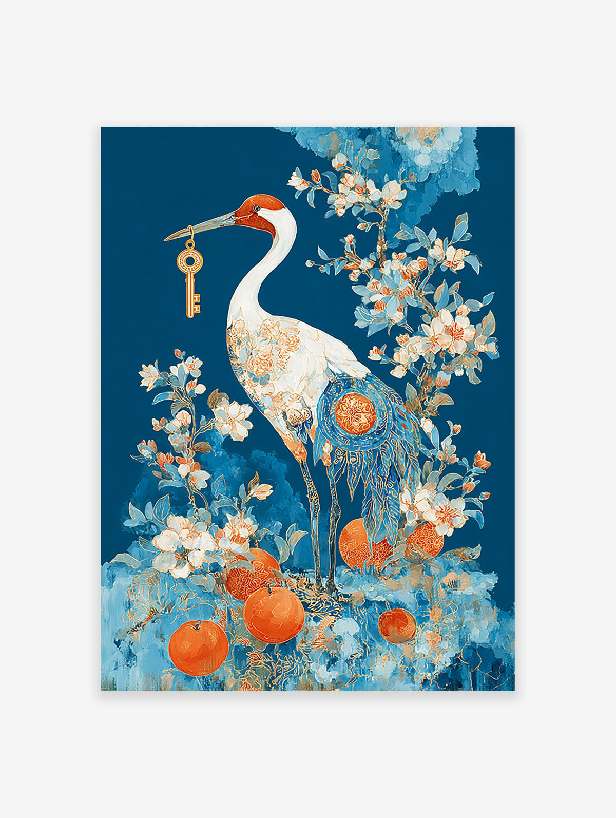 Japanese crane poster holding a golden key, surrounded by blue and orange flowers and oranges, against a deep blue background.