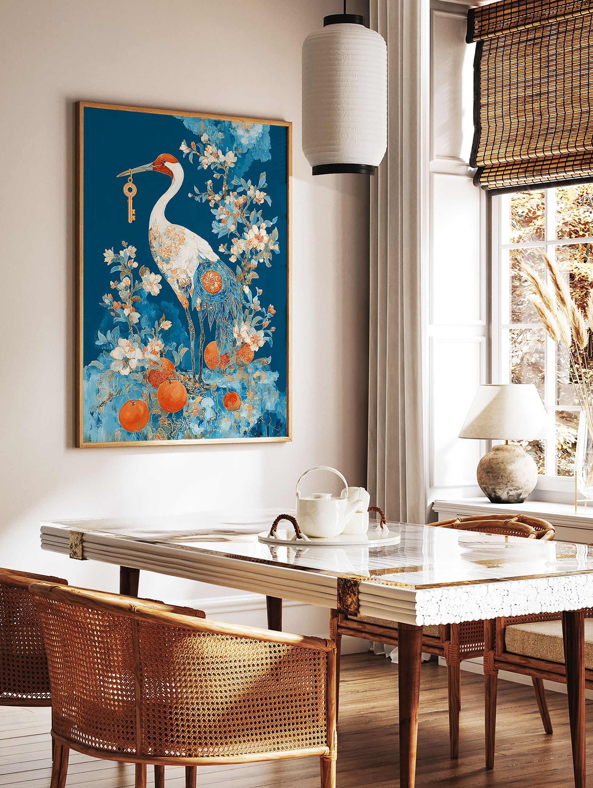 Japanese crane poster holding a golden key, surrounded by blue and orange flowers and oranges, against a deep blue background. - Image 2