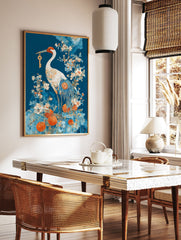 Japanese crane poster holding a golden key, surrounded by blue and orange flowers and oranges, against a deep blue background. - Image 2