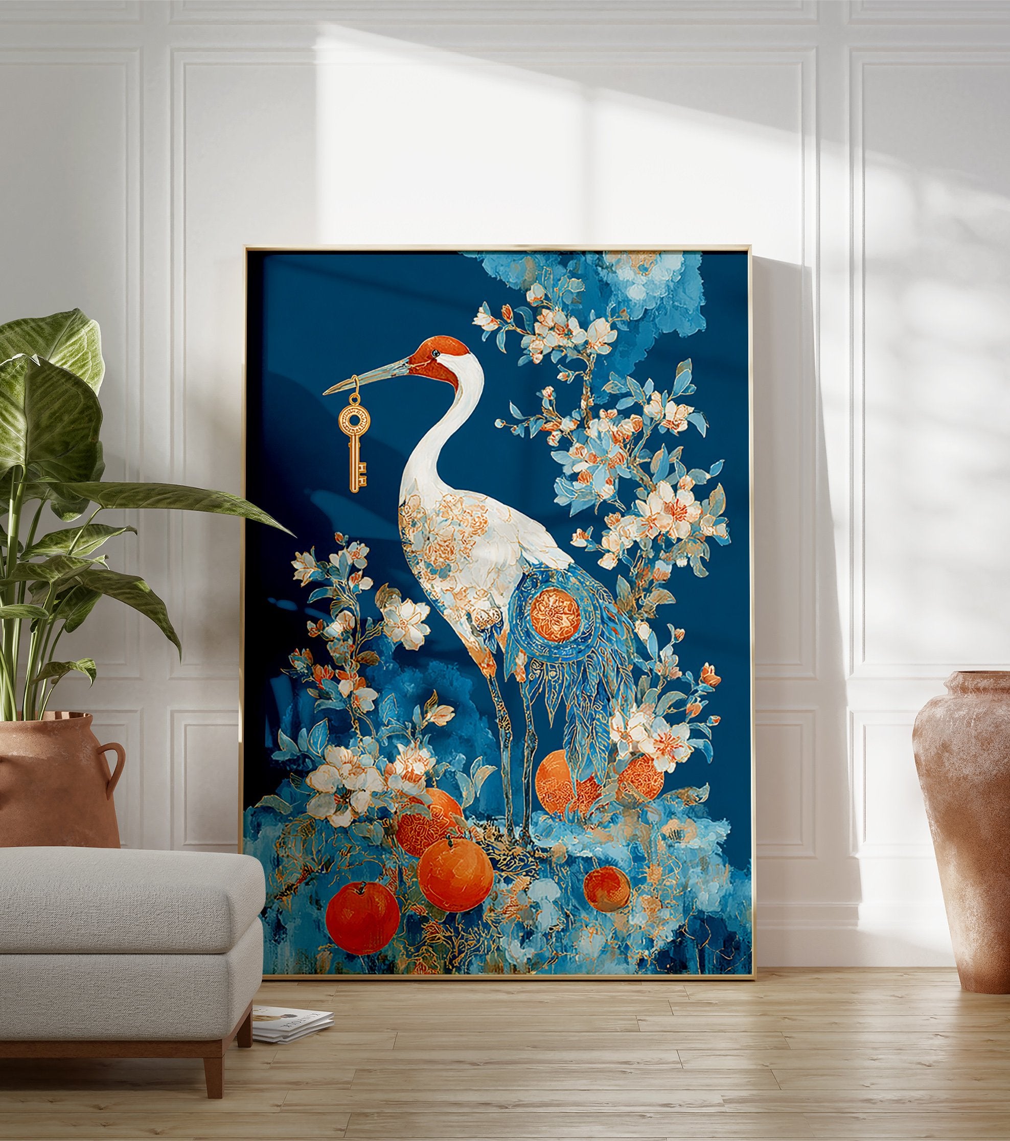 Japanese crane poster holding a golden key, surrounded by blue and orange flowers and oranges, against a deep blue background. - Image 3