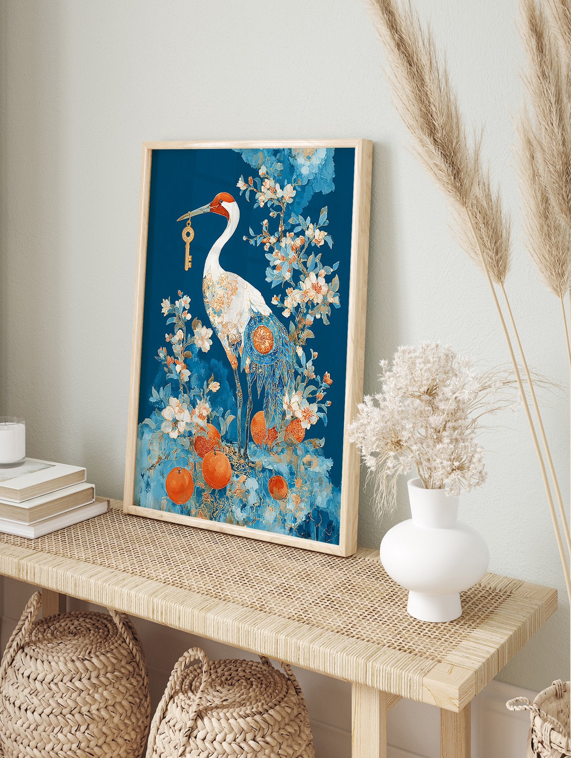 Japanese crane poster holding a golden key, surrounded by blue and orange flowers and oranges, against a deep blue background. - Image 4