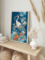 Japanese crane poster holding a golden key, surrounded by blue and orange flowers and oranges, against a deep blue background. - Image 4