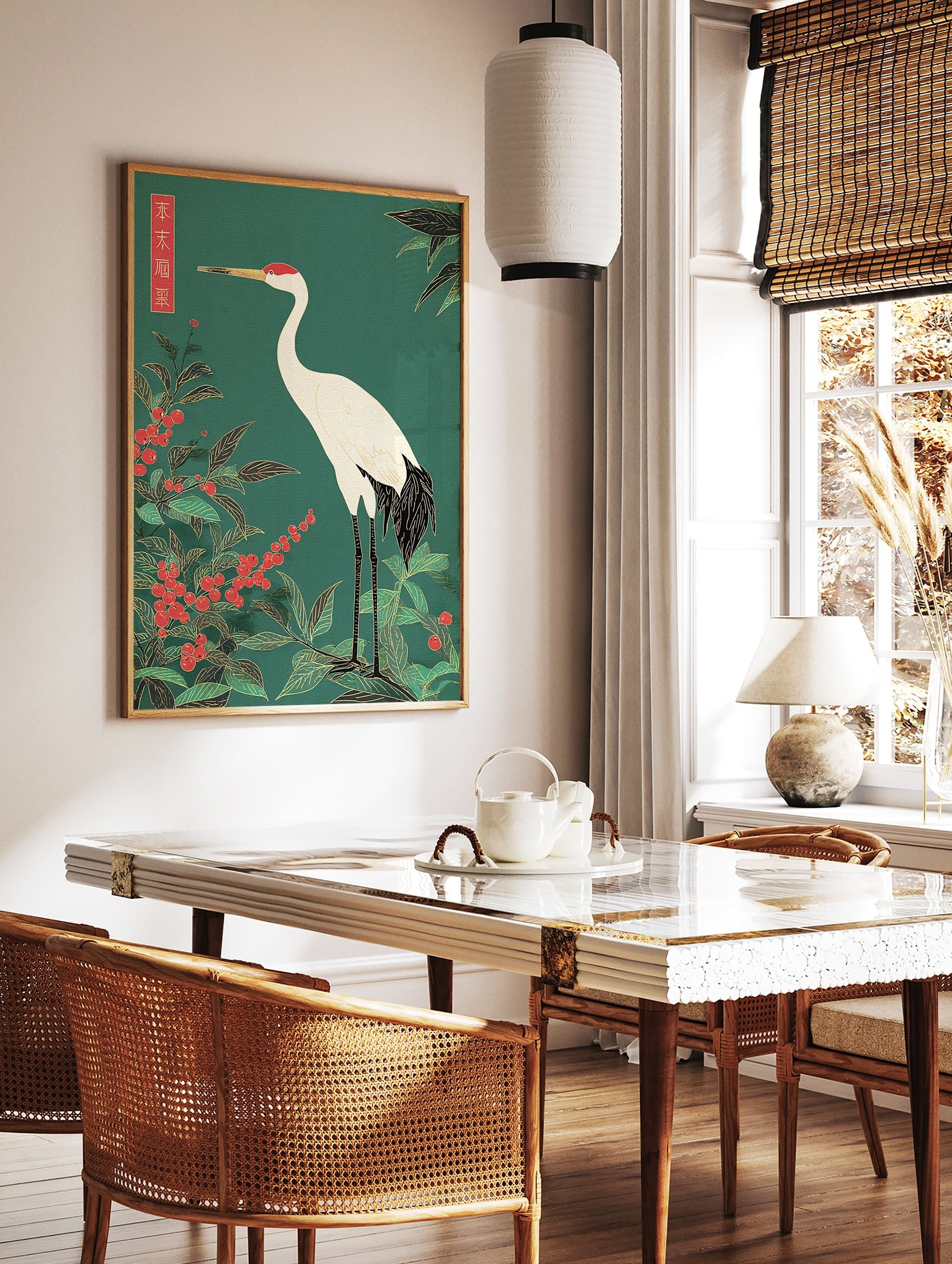 Japanese crane poster with a white crane, red berries, and green leaves on a teal background in traditional Asian art style. - Image 2